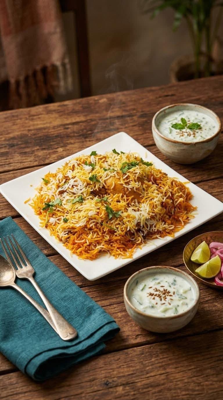 Chicken biryani on a wooden table with raita and lemon