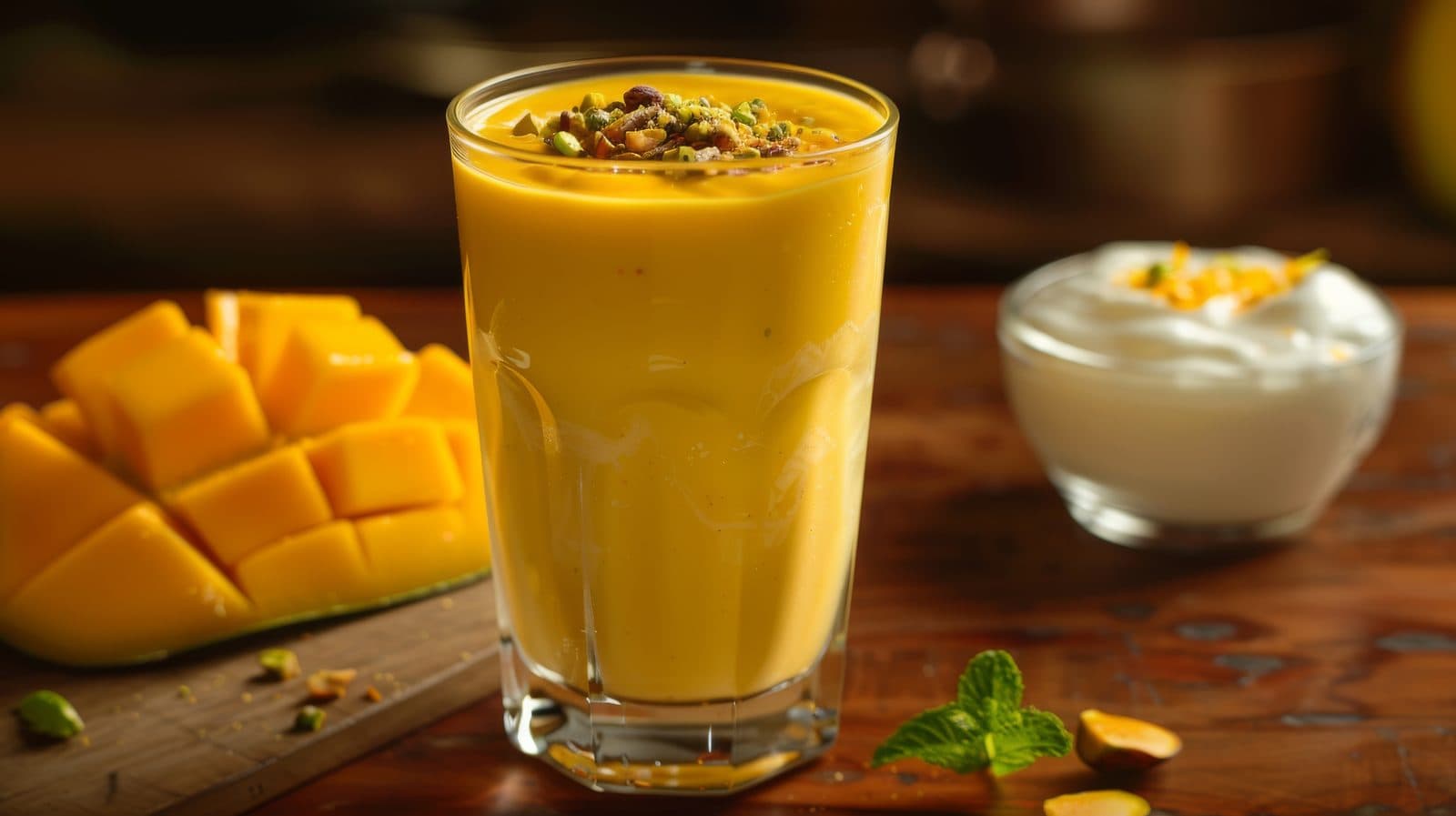 A glass of mango lassi with fresh mango